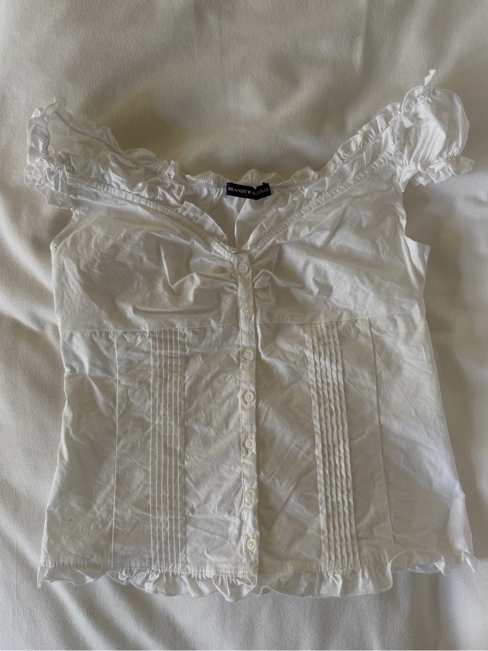 Brandy Melville White Ruffle Button-Front Puff Sleeve Top